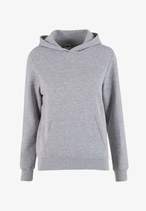 Sweat à capuche gris en tissu doux, avec une poche avant, un cordon de serrage à la capuche et des poignets et un ourlet en côte. Design confortable et décontracté classique.