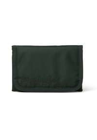 Dunkelgrünes Stoffportemonnaie mit Klapp-Design, das mit gestickten Kanten und einem erhabenen Logo in passender Farbe versehen ist. Strukturiert Oberfläche, kompakte Form.