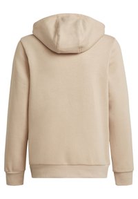 Beige hooded sweatshirt with a soft texture, long sleeves, and ribbed cuffs. Simple design; unadorned back with a central seam along the hood.