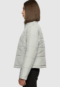 Jachetă puffer gri deschis cu guler înalt, design matlasat, buzunare laterale și croială scurtă, având o textură sintetică netedă.