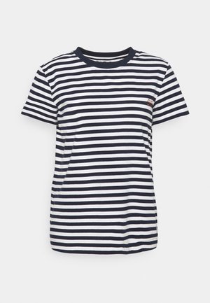 Marineblauw-wit gestreept T-shirt van zachte stof, met ronde hals, korte mouwen en een klein logo bij de halslijn.