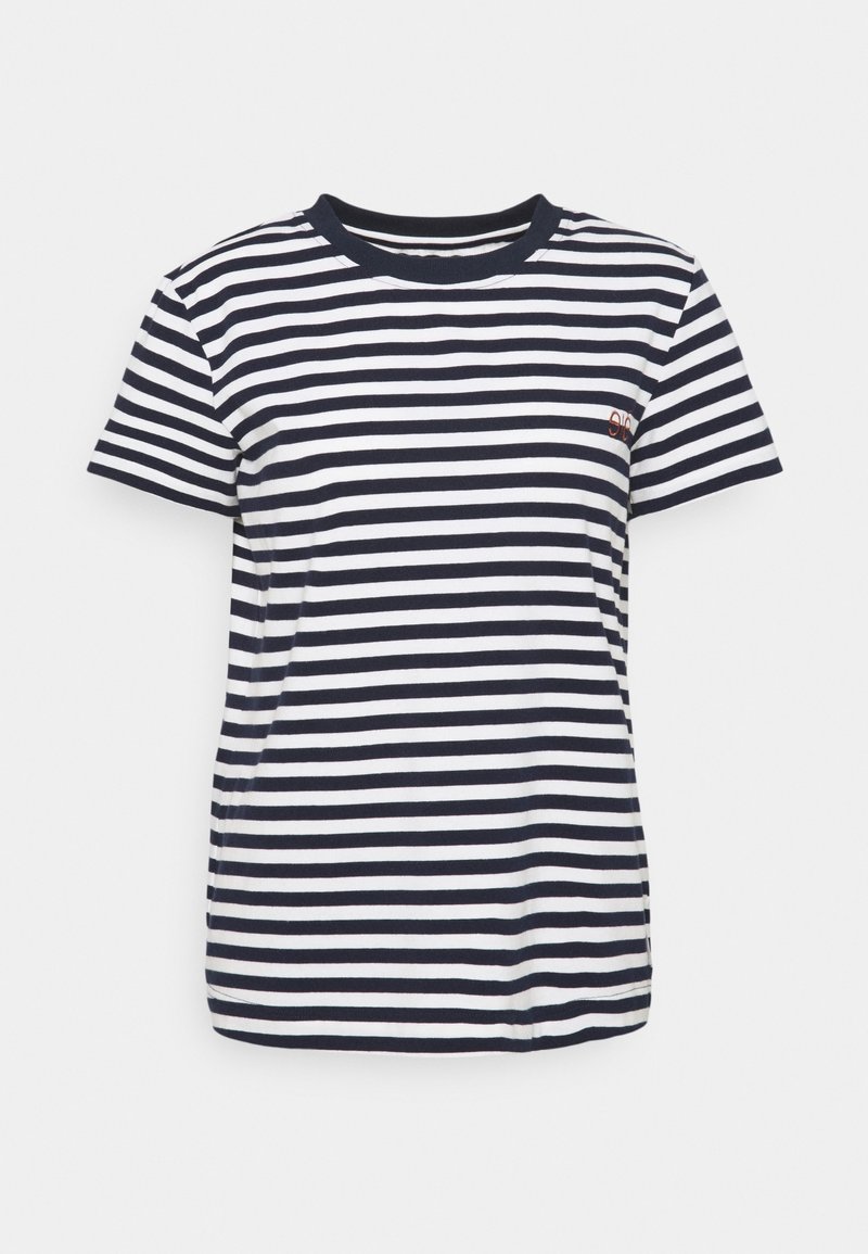 T-shirt rayé bleu marine et blanc en tissu doux, avec un col rond, des manches courtes et un petit logo près de l'encolure.