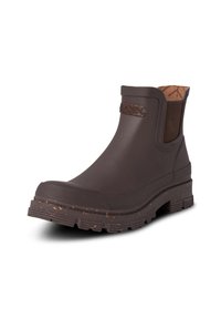Bottines en caoutchouc marron avec une surface texturée, des panneaux latéraux élastiques et une semelle striée avec des éclats légers. Logo à l'avant.