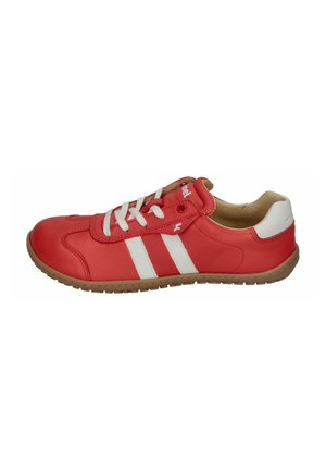 Red leather sneaker with white stripes, round toe, and white accents. Features a lace-up closure and textured rubber sole.