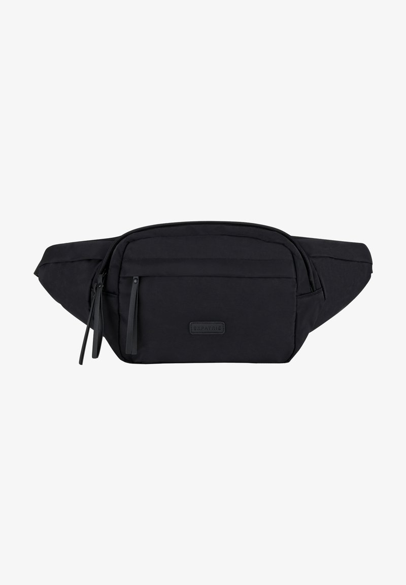 Borsa in vita nera realizzata in un tessuto resistente. Presenta un compartimento principale con zip, una tasca frontale con zip e un logo goffrato discreto. Forma piatta, design minimalista.