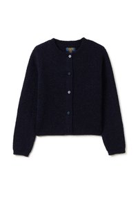 Cardigan a maglia blu navy con scollo rotondo, maniche lunghe e chiusura a bottoni. Presenta una finitura testurizzata con un delicato luccichio.