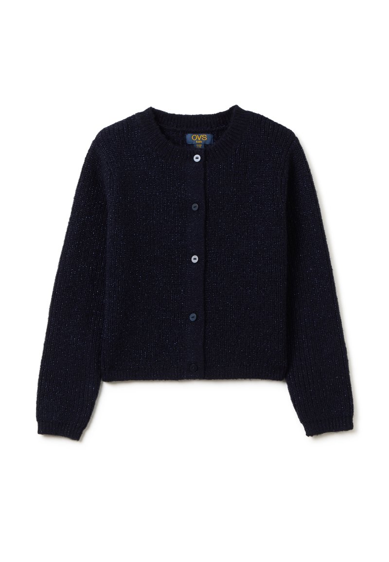Cardigan a maglia blu navy con scollo rotondo, maniche lunghe e chiusura a bottoni. Presenta una finitura testurizzata con un delicato luccichio.