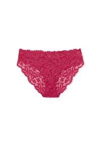 Koronkowe majtki typu hipster w intensywnym magencie, zdobione kwiatowymi wzorami, falbaniastymi brzegami i miękką, przejrzystą fakturą.