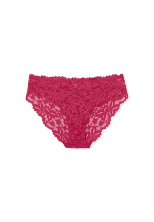 Lace hipster underwear in vibrant magenta, featuring floral patterns, scalloped edges, and a soft, sheer texture.