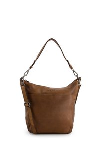 Sacoche en cuir marron avec une texture lisse, bandouli�ère réglable et poche avant. Présente un subtil logo imprimé à l'avant.