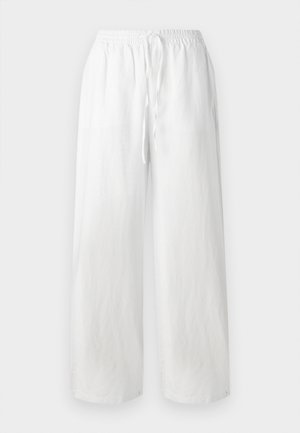 Fehér, bő szárú nadrág rugalmas derékrésszel és zsinórigazítással. Könnyű anyagból készült, sima tapintású. Minták vagy díszítések nélkül.