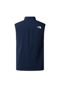 Marineblaues ärmelloses Weste mit hohem Kragen, versehen mit dem The North Face Logo auf der oberen rechten Rückseite.