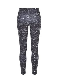 Svart leggings med et hvitt himmelmønster som inkluderer stjerner, planeter og linjer. Laget av elastisk stoff, har de høy midje.