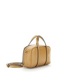 Piccolo borsetta in pelle color famiglia con dettagli neri, chiusura con zip, due manici corti e una lunga tracolla regolabile. Texture liscia, forma rettangolare.