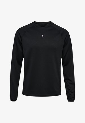 Schwarzes langärmeliges Sportshirt mit strukturierter Oberfläche, rundem Ausschnitt und pinken Logoakzenten auf Brust und Ärmeln.