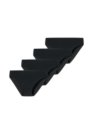 Vier zwarte damesbikini's gestapeld in een waterval op een witte achtergrond.