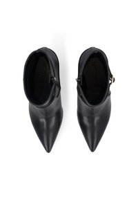 Black leather ankle boots with a pointed toe, zip closure on the side, and a smooth texture, displayed from a top view.