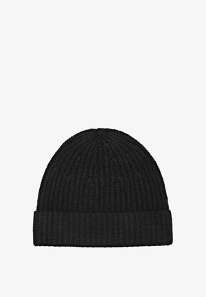Svart stickad mössa med ribbad textur och uppvikt kant, tillverkad av ullblandat material; mjuk och stretchtålig design, rundad topp.