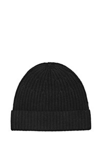 Black knit beanie hat with ribbed texture and cuffed edge, made from wool blend material; soft and stretchable design, rounded top.