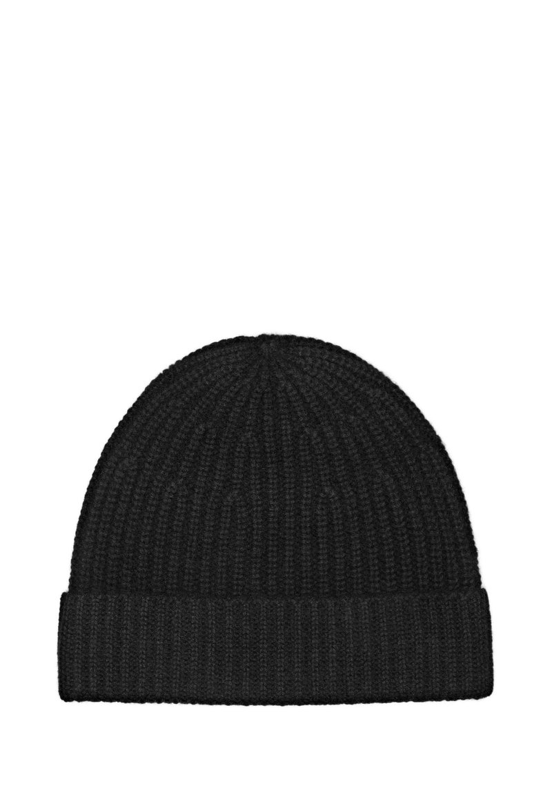 Black knit beanie hat with ribbed texture and cuffed edge, made from wool blend material; soft and stretchable design, rounded top.