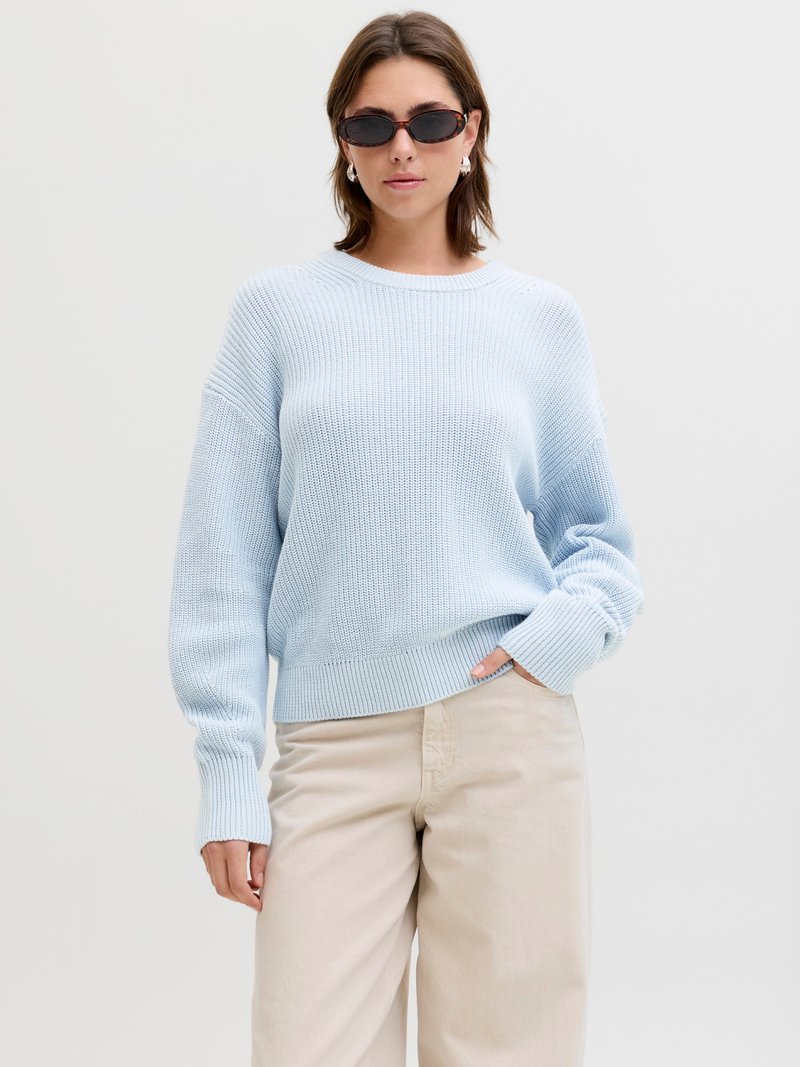 Vrouw draagt een lichtblauwe gebreide trui, beige broek, schildpadkleurige zonnebril en zilveren oorbellen tegen een effen witte achtergrond.