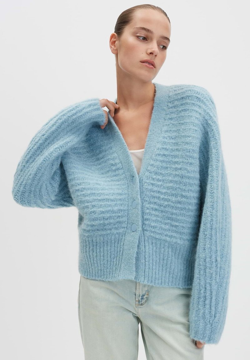Cardigan lavorato a maglia di un blu chiaro con scollatura a V profonda, polsini a costine e chiusura con bottoni. Presenta motivi testurizzati alternati e una texture morbida e pelosa.