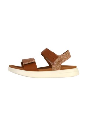 Sandales en cuir marron avec des sangles réglables, un dos à motifs et une semelle en caoutchouc blanche. Conception ouverte à l'avant avec des détails en texture douce.