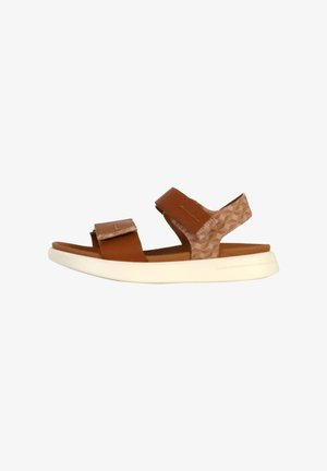 Brown leather sandals with adjustable straps, a patterned back, and a white rubber sole. Open-toe design with soft texture details.