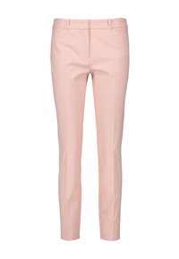 Pantaloni su misura rosa con una texture liscia, vestibilità slim, vita piatta e passanti per cintura. Presentano tasche laterali discrete e dettagli di cucitura minimali.