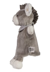 Gray plush donkey with a striped scarf, white paws, and a textured mane along the top of its head. Soft fabric, standing upright.