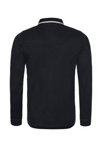 Schwarzes Polohemd mit langen Ärmeln, ribbeltem Kragen und kontrastierenden weißen Akzenten. Es hat eine glatte Textur und ein körpernahes Design.