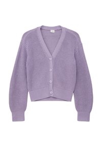 Lavendelkleurige gebreide cardigan met een V-hals, lange mouwen en een verkorte snit. Voorzien van vijf knopen aan de voorkant en geribbelde cuffs en zoom.
