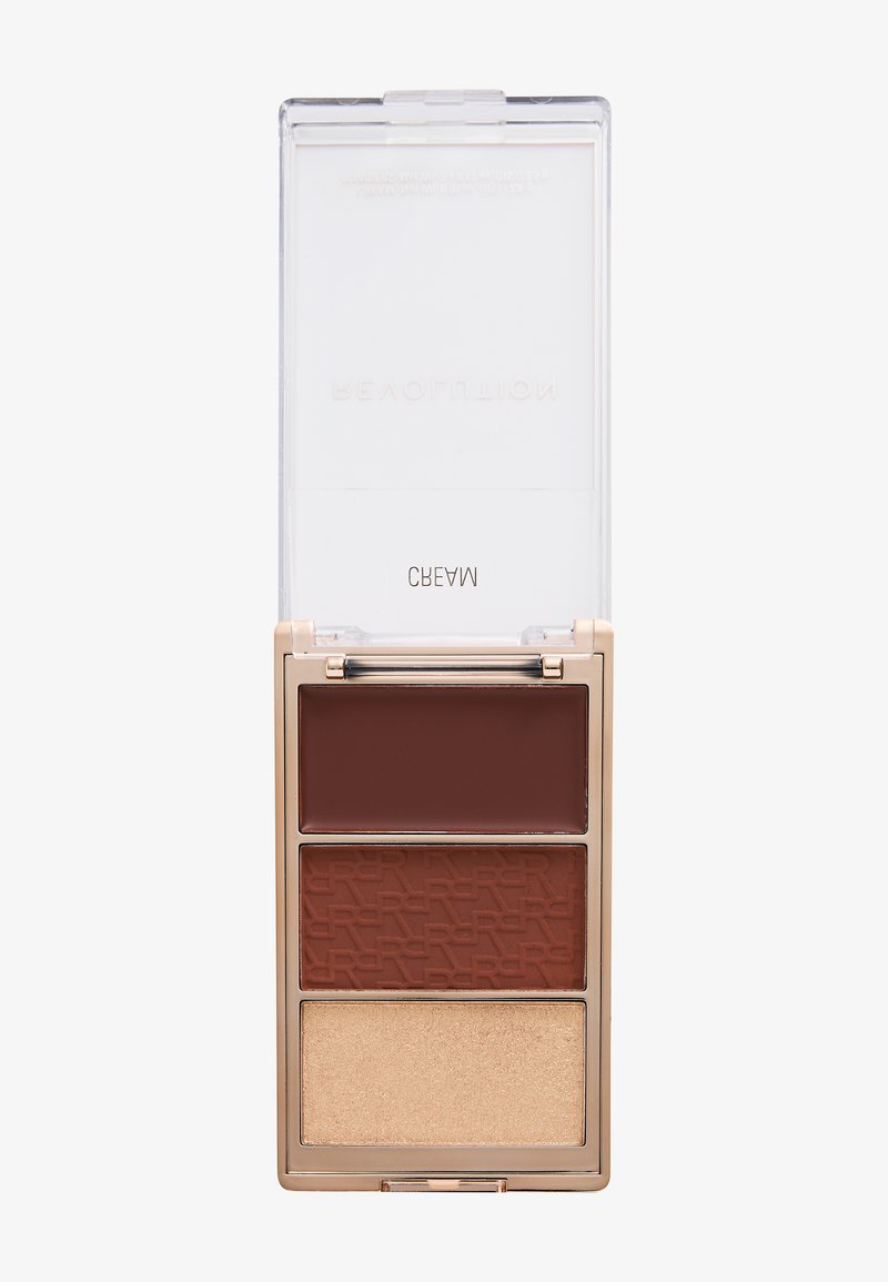 Kompakte Make-up-Palette mit drei rechteckigen Pfännchen: dunkelbraune Creme, mittelbraunes gepresstes Puder mit Prägung und heller goldener Highlighter.