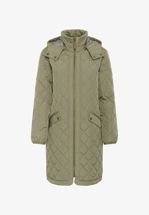 Gesteppte olivgrüne Jacke mit hohem Kragen, Reißverschluss und zwei Fronttaschen. Verfügt über goldene Beschläge und elastische Ärmelbündchen.