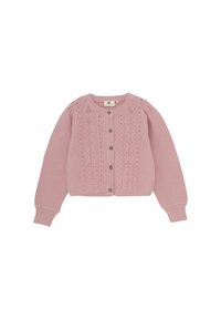 Rosa stickad cardigan med rundad hals, knäppning fram och intrikat spetsmönster över bröstet. Ribbstickade ärmslut och nederkant.