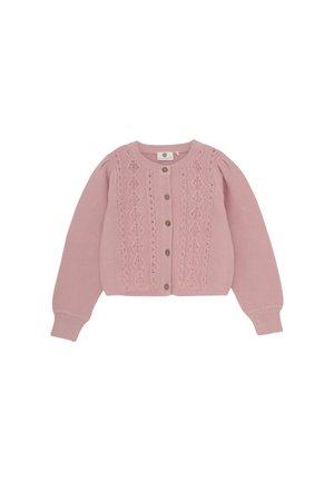 Roze gebreide cardigan met een ronde halslijn, knoopsluiting aan de voorkant en een ingewikkeld kantpatroon op de borst. Ribgebreide manchetten en onderrand.