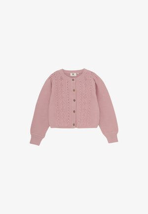 Rosa gestrickte Strickjacke mit rundem Kragen, durchgehender Knopfleiste und einem ausgefeilten Spitzenmuster entlang der Brust. Rippenbündchen und Saum.