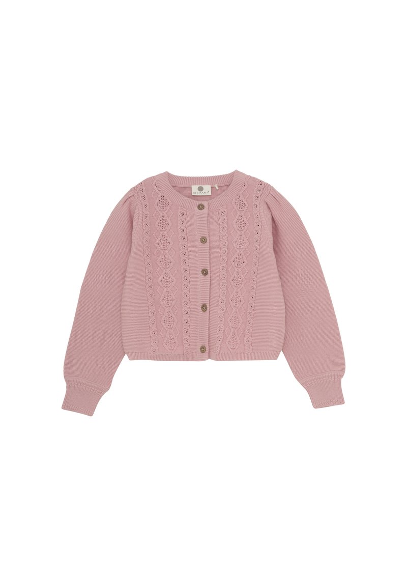 Rosa stickad cardigan med rundad hals, knäppning fram och intrikat spetsmönster över bröstet. Ribbstickade ärmslut och nederkant.