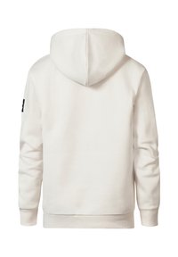 Witte hoodie met een zachte textuur, voorzien van een kangoeroezak, geribbelde manchetten en een klein logo-label op de linkermouw.