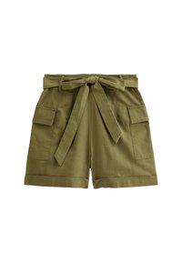 Olive green linen shorts with a tied waist belt, featuring two side pockets and a folded hem at the bottom.