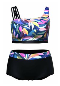 Bikini top s barevným vzorem listů a černým lemem, s jedním nastavitelným páskem. Černé bikini kalhotky s odpovídajícím páskem s listovým vzorem.