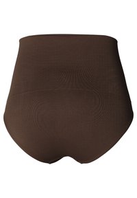 Bruine high-waisted onderbroek van glad, rekbaar stof; heeft een brede band voor steun en naadloze randen voor comfort.