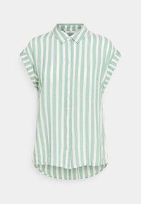 Camicia a maniche corte verde e bianca a righe con colletto, chiusura a bottoni, orlo arrotondato e tessuto strutturato.