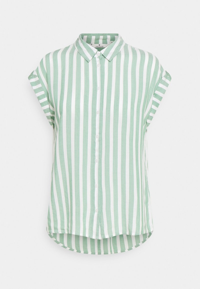 Camicia a maniche corte verde e bianca a righe con colletto, chiusura a bottoni, orlo arrotondato e tessuto strutturato.