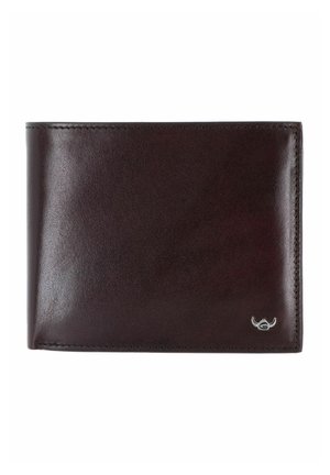 Dunkelbraune Leder-Bifold-Geldbörse mit glatter Textur und kleinem silbernem Logo unten rechts auf weißem Hintergrund.