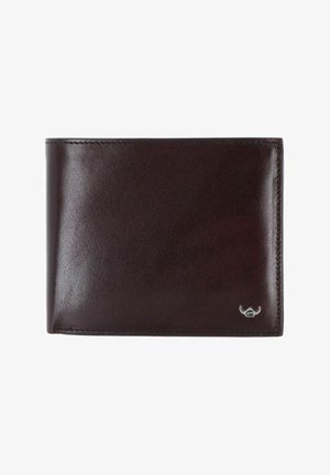 Dunkelbraune Leder-Bifold-Geldbörse mit glatter Textur und kleinem silbernem Logo unten rechts auf weißem Hintergrund.