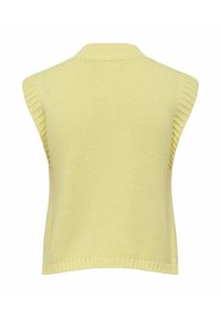 Gilet en tricot jaune clair sans manches avec col, emmanchures et ourlet côtelés, vu de dos sur un fond blanc.