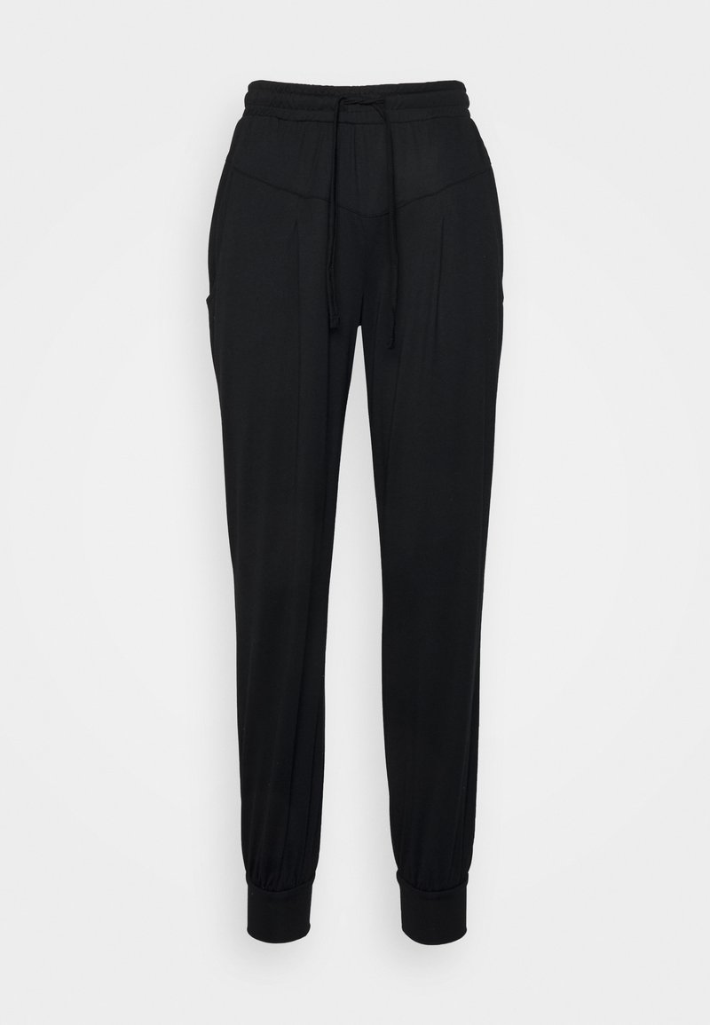 Schwarze Jogginghosen aus weichem Stoff, mit einem elastischen Bund und Kordelzug, zwei Seitentaschen und schmalen Bündchen an den Knöcheln.