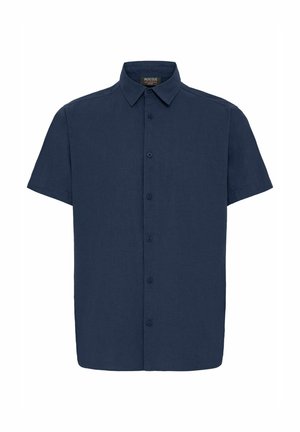 Korte mouwen marineblauwe blouse gemaakt van linnen. Voorzien van een standaard kraag en een voorsprong met bijpassende knopen. Gladde textuur.