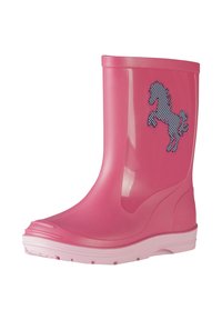 Botte de pluie en caoutchouc rose avec une finition brillante. Présente un motif de licorne à pois bleus sur le côté et une semelle blanche avec des rainures de traction.